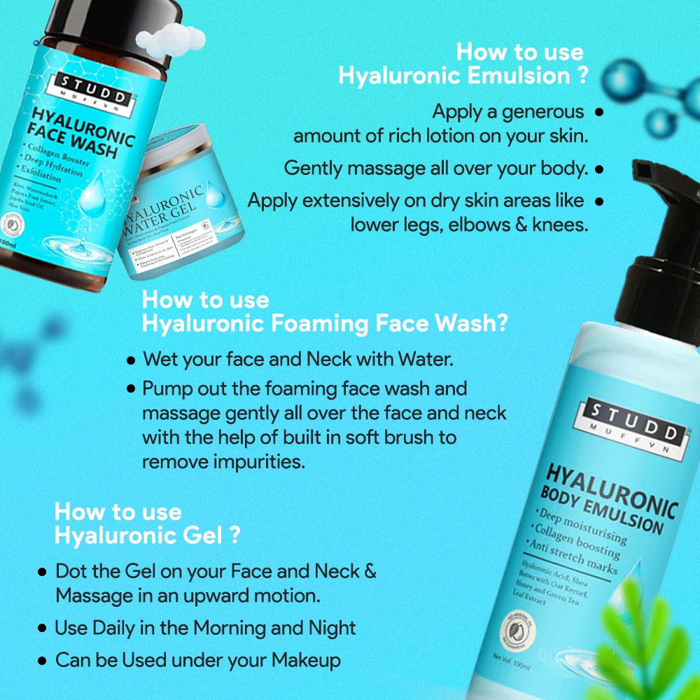Studd Muffyn Hyaluronic Face and Body Combo- Hyaluronic Gel (100 Gram), Hyaluronic Foaming Face Wash (100 ml) and Hyaluronic Body Emulsion (100ml)
