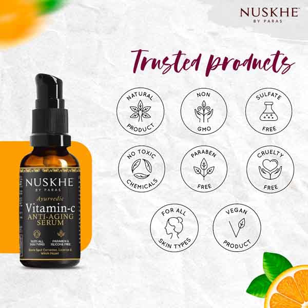 Nuskhe by Paras Vitamin C Anti-Aging Face Serum-30 ml | Reduce Dark Circle | Fine Line & Sun Damage Corrector | Effective Skin Brightening