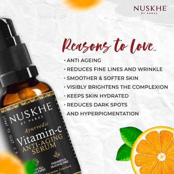 Nuskhe by Paras Vitamin C Anti-Aging Face Serum-30 ml | Reduce Dark Circle | Fine Line & Sun Damage Corrector | Effective Skin Brightening