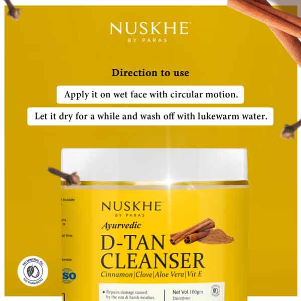 Nuskhe by Paras Ayurvedic D-Tan Cleanser for Tan Removal, Sun Damage Protection and Skin Whitening - 100 Gram