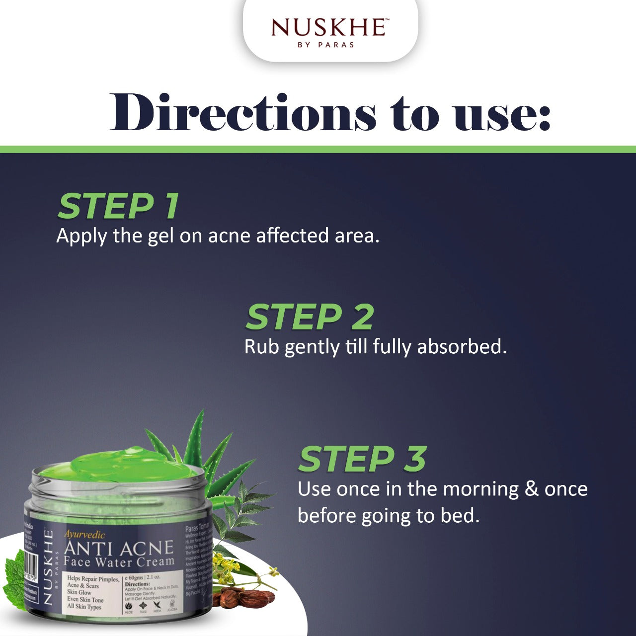 Nuskhe by Paras Anti-Acne Water Cream (Gel) for Men and Women -60 gram |  Lightening Acne Marks | Glowing Skin | Neem | Basil | Aloe Vera