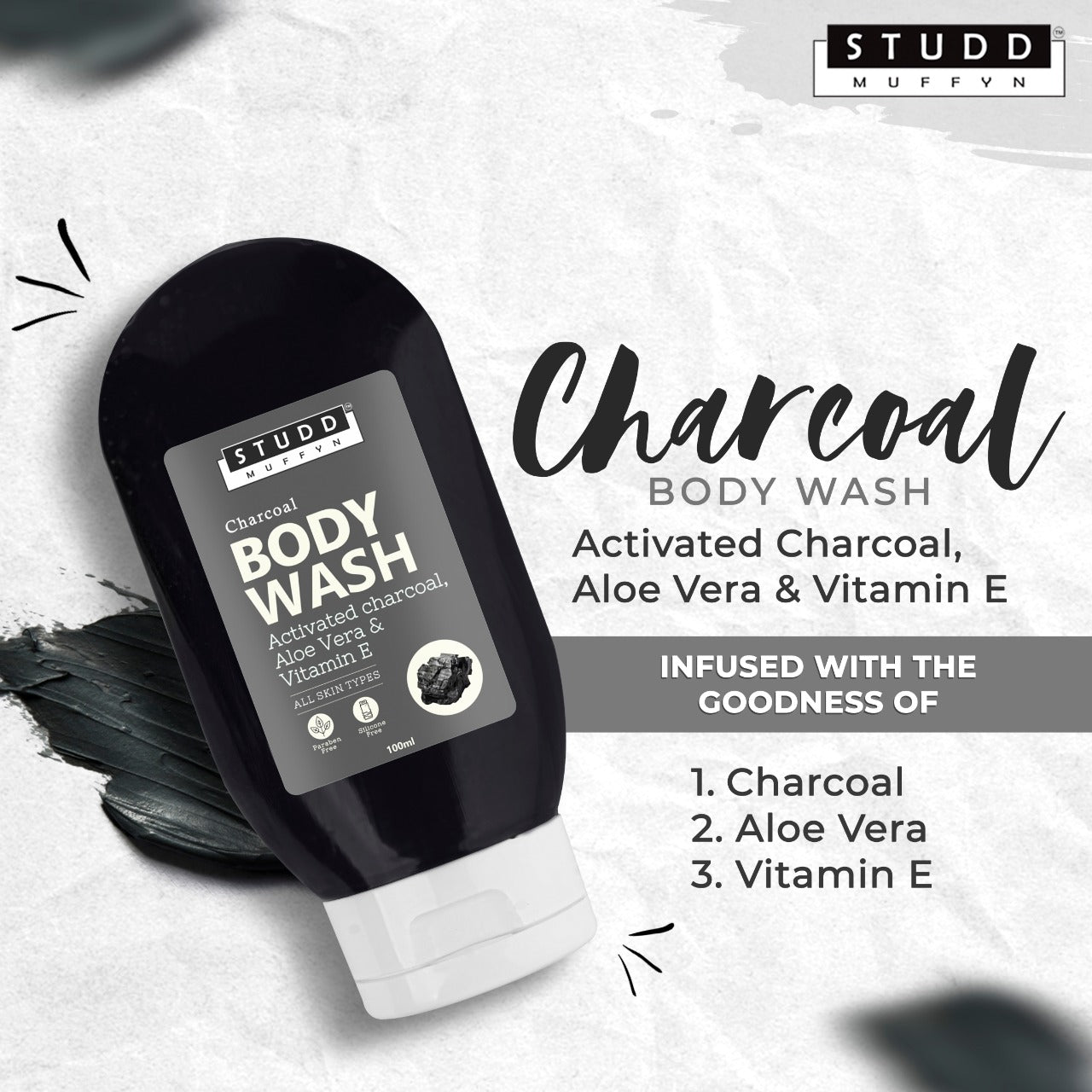 Studd Muffyn Charcoal Body Wash with Activated Charcoal, Aloe Vera & Vitamin-E for Men and Women- 100ml