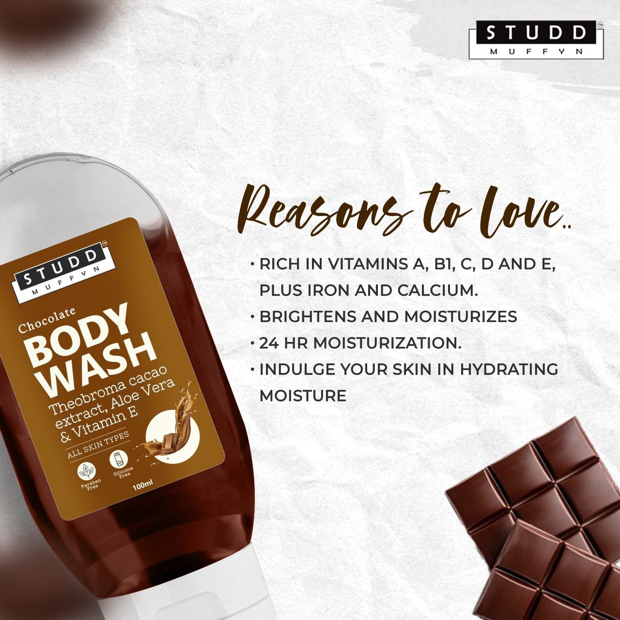 Studd Muffyn Chocolate Body Wash with Cacao, Aloe Vera & Vitamin-E  for Men and Women- 100ml