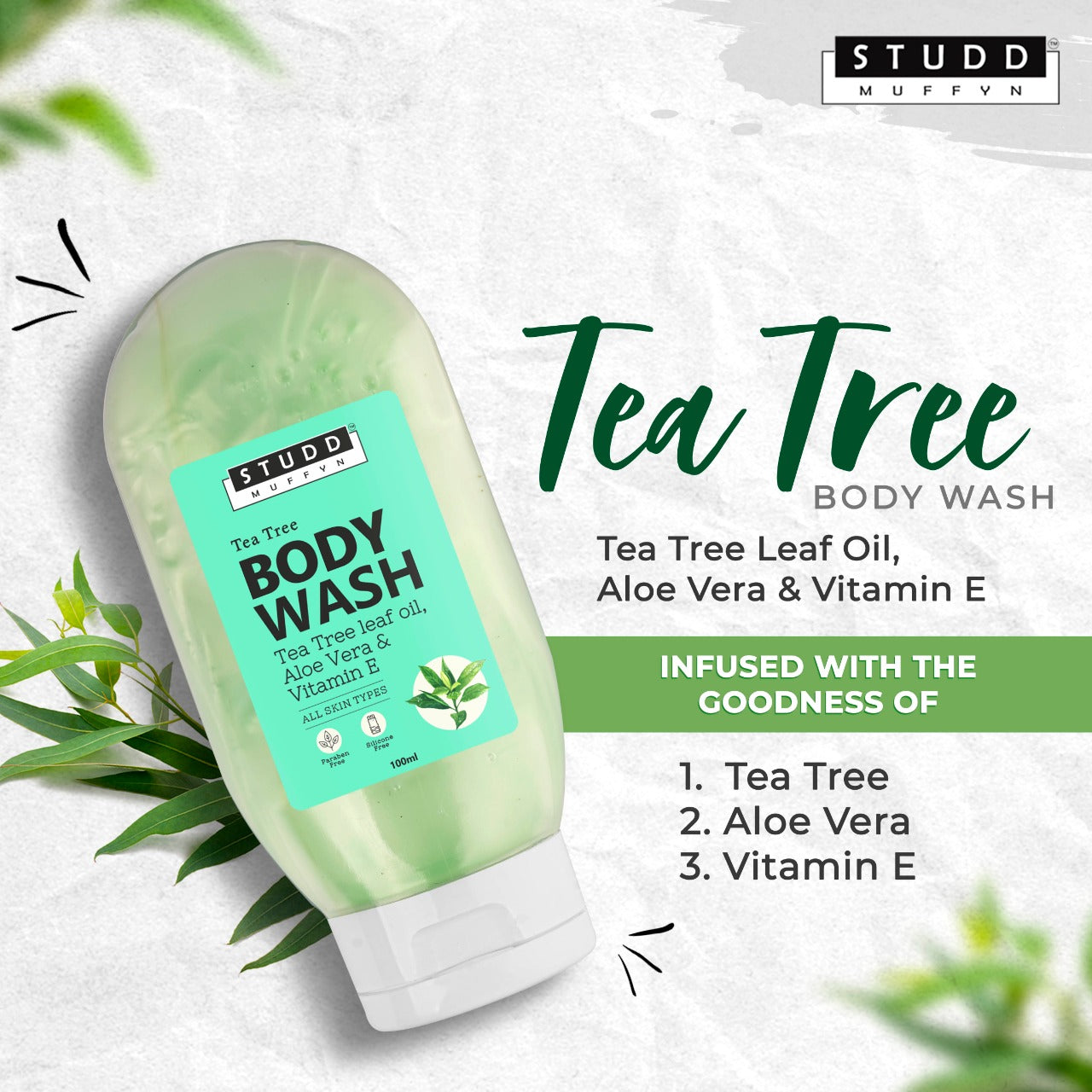 Studd Muffyn Tea Tree Body Wash with Tea Tree leaf oil, Aloe Vera & Vitamin-E for Men and Women- 100ml