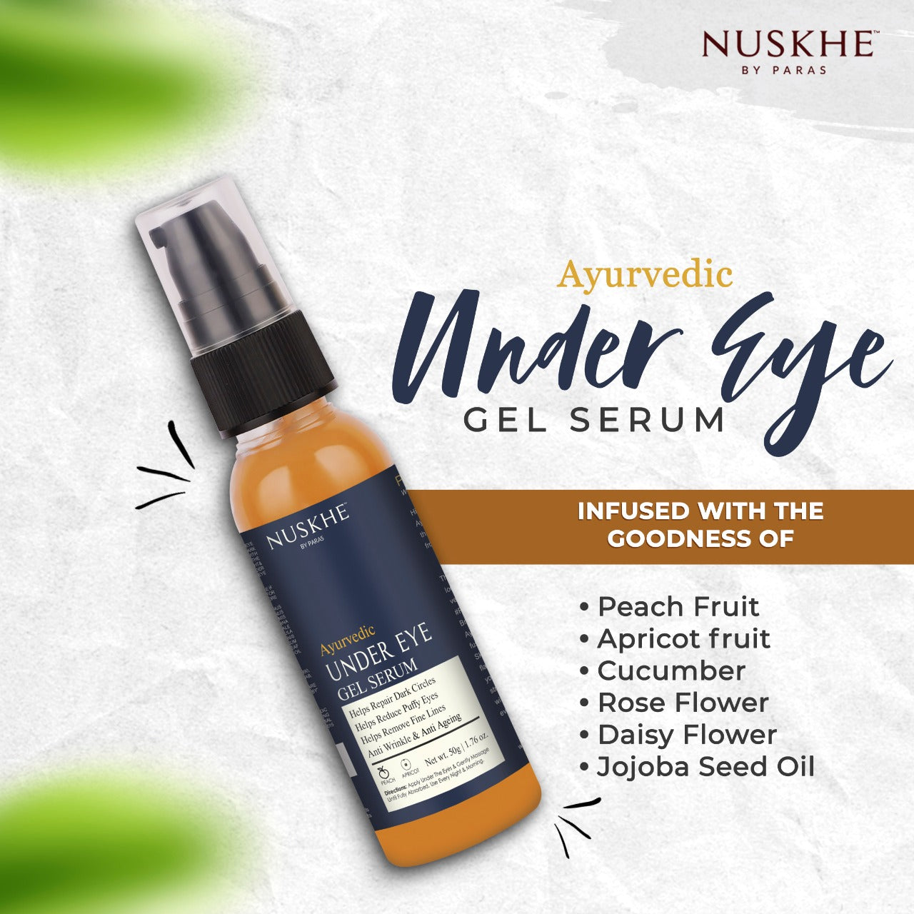 Nuskhe by Paras Under Eye Gel Serum For Dark Circle Treatment - 50 Gram  | Reduce Wrinkles & Puffiness | Reduce Swelling | Peach| Rose Flower | Daisy Flower