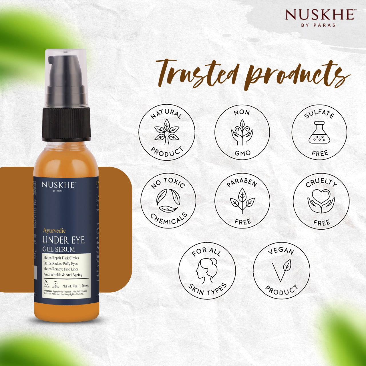 Nuskhe by Paras Under Eye Gel Serum For Dark Circle Treatment - 50 Gram  | Reduce Wrinkles & Puffiness | Reduce Swelling | Peach| Rose Flower | Daisy Flower