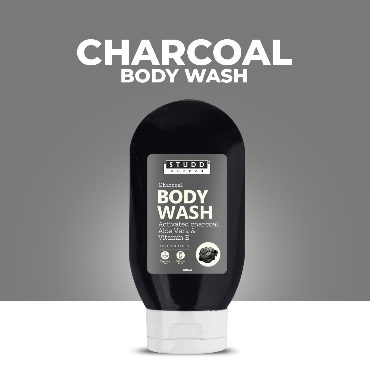 Studd Muffyn Charcoal Body Wash with Activated Charcoal, Aloe Vera & Vitamin-E for Men and Women- 100ml