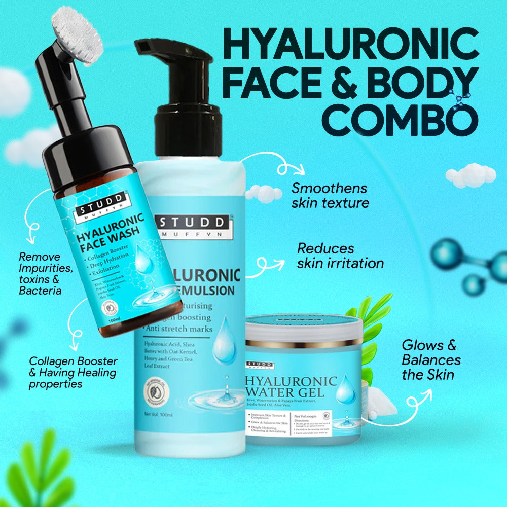 Studd Muffyn Hyaluronic Face and Body Combo- Hyaluronic Gel (100 Gram), Hyaluronic  Foaming Face Wash (100 ml) and Hyaluronic Body Emulsion (100ml)